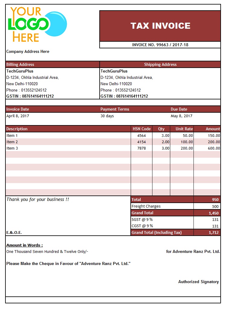 GST Invoice Format in Excel, Word, PDF and JPEG (Format No. 13)