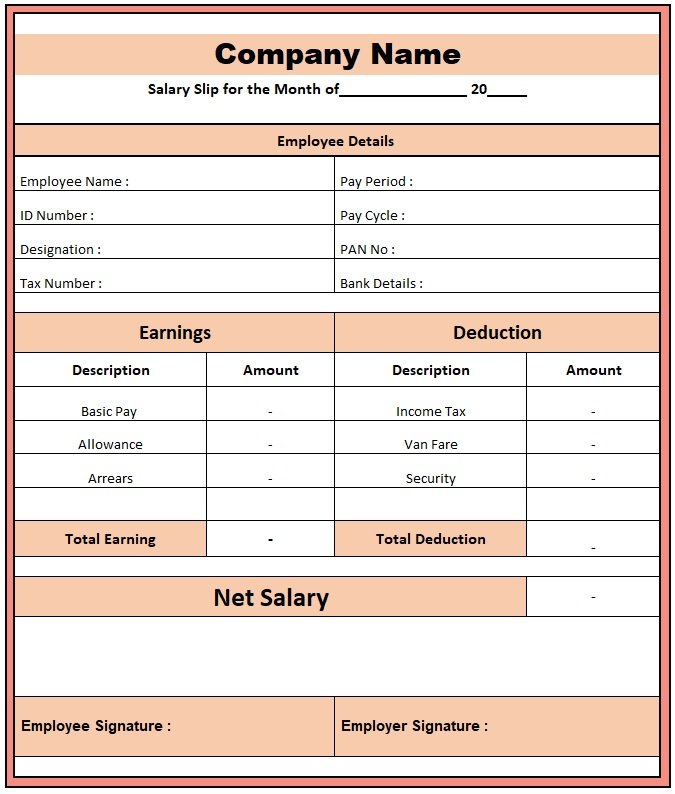 Cash Pay Slip Format , Pay Slip Format Excel