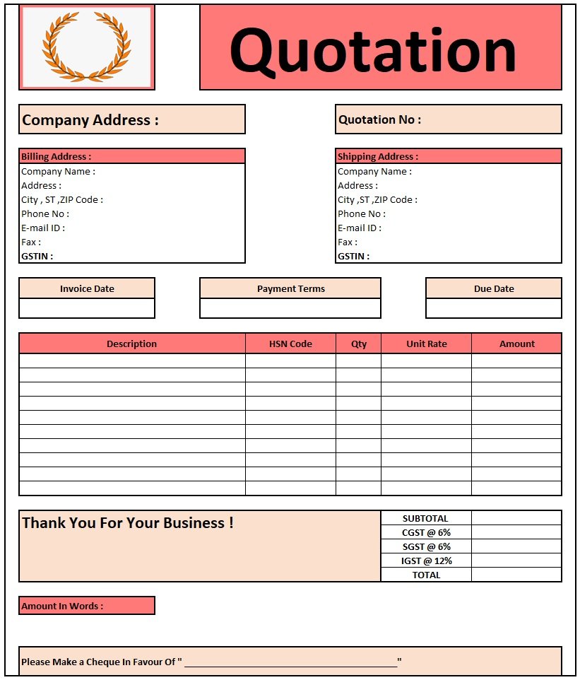 Construction Quotation Format In Excel , Download Quotation Format in Excel