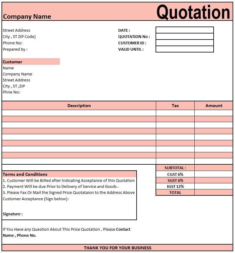 Quotation Format Excel , Download Quotation Format in Excel