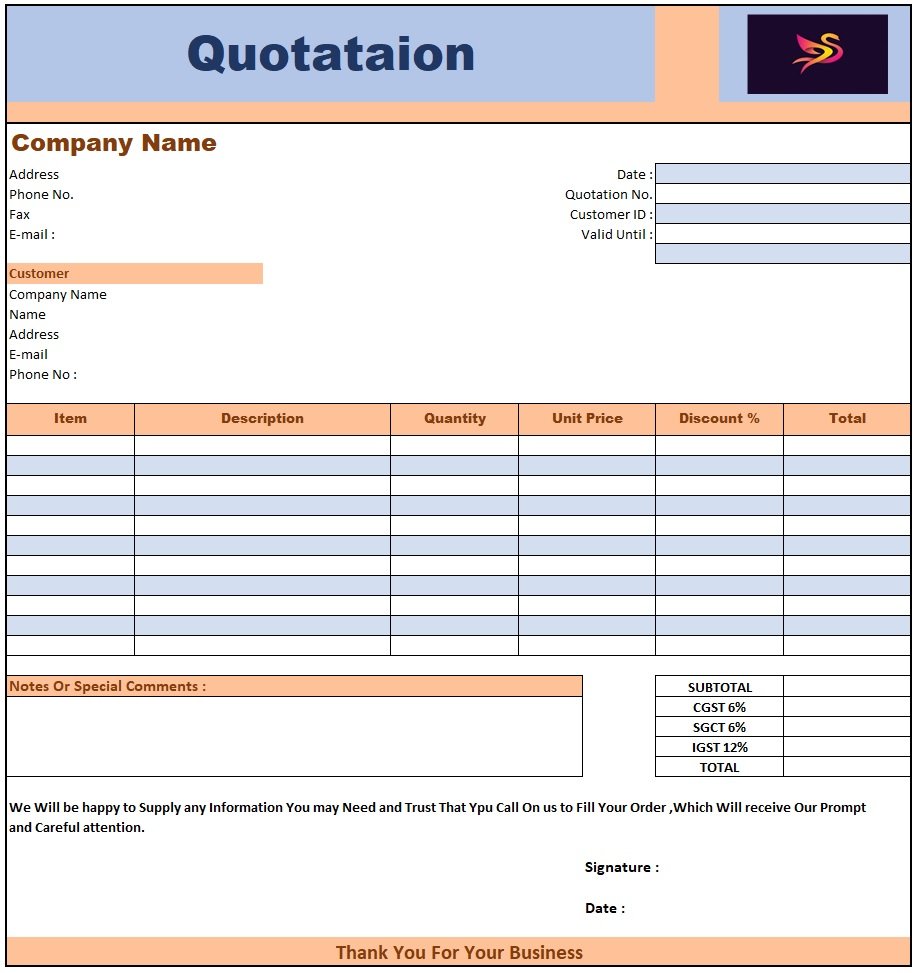 Quotation Format Letter , Download Quotation Format in Excel