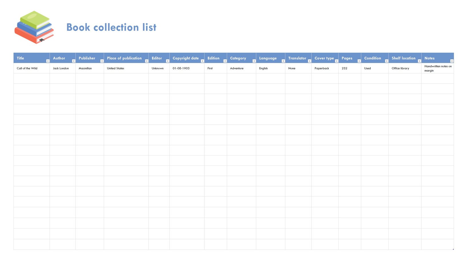 Book Collection List Template In Excel (Download.xlsx)