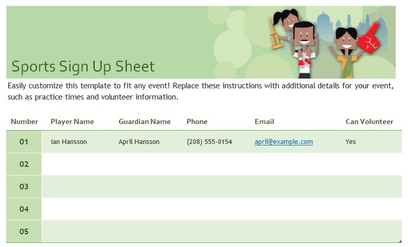 Sports Sign Up Sheet Template In Excel (Download.xlsx)