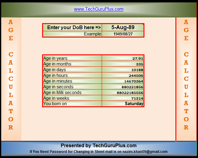 Age calculator in excel,.xls