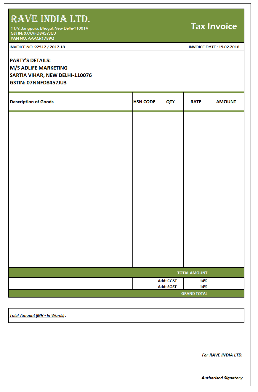 GST Invoice Format In Excel Word Format No 28 xls doc File