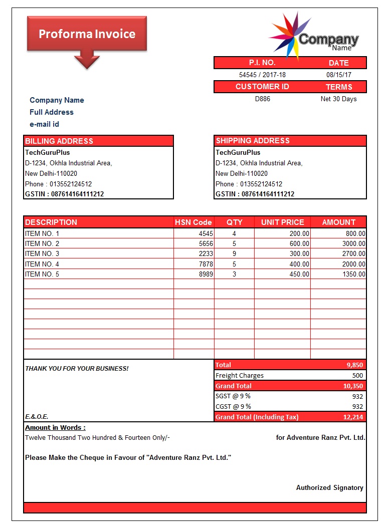 commercial invoice export template xls