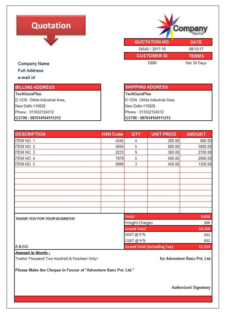 Quotation Format Excel With Gst