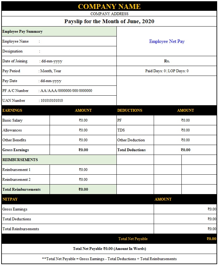 driver salary slip format in excel