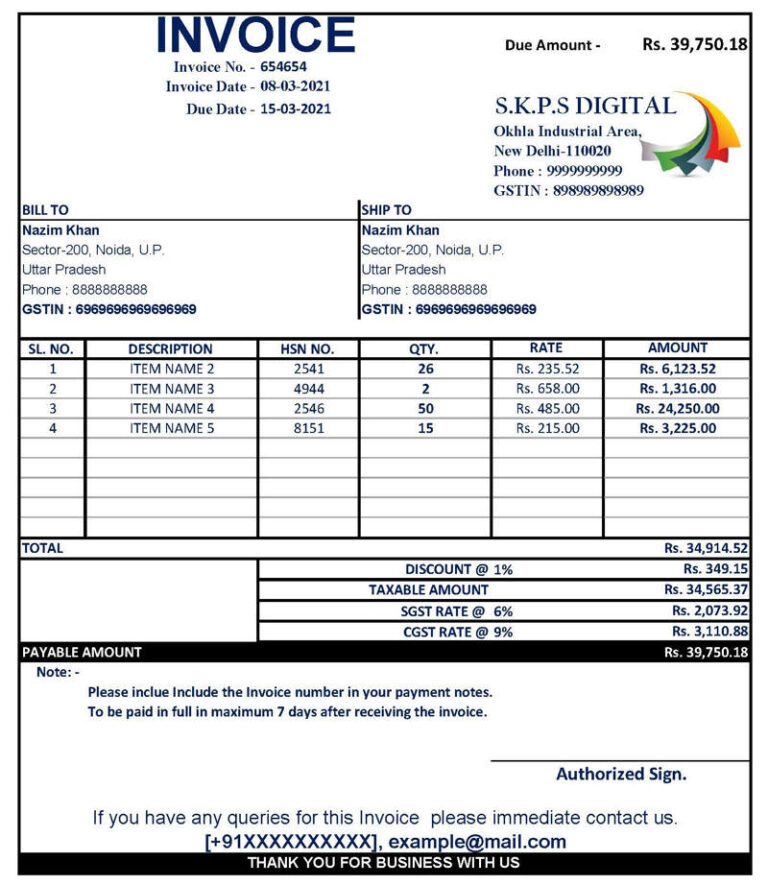 Automatic Free GST Invoice Format in Excel (Download .xlsx file)