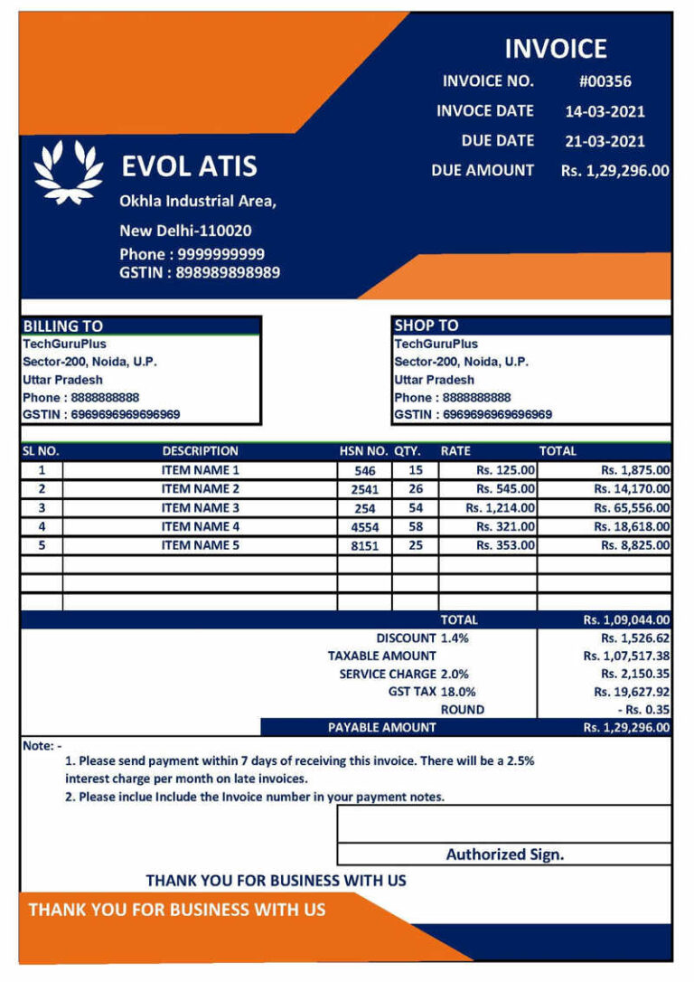 Free Template Of GST Invoice Format In Excel (Download .xlsx File)