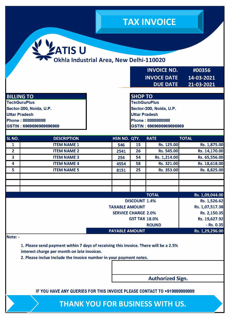 Tax Invoice Template of GST Invoice Format in Excel (Download .xlsx file)