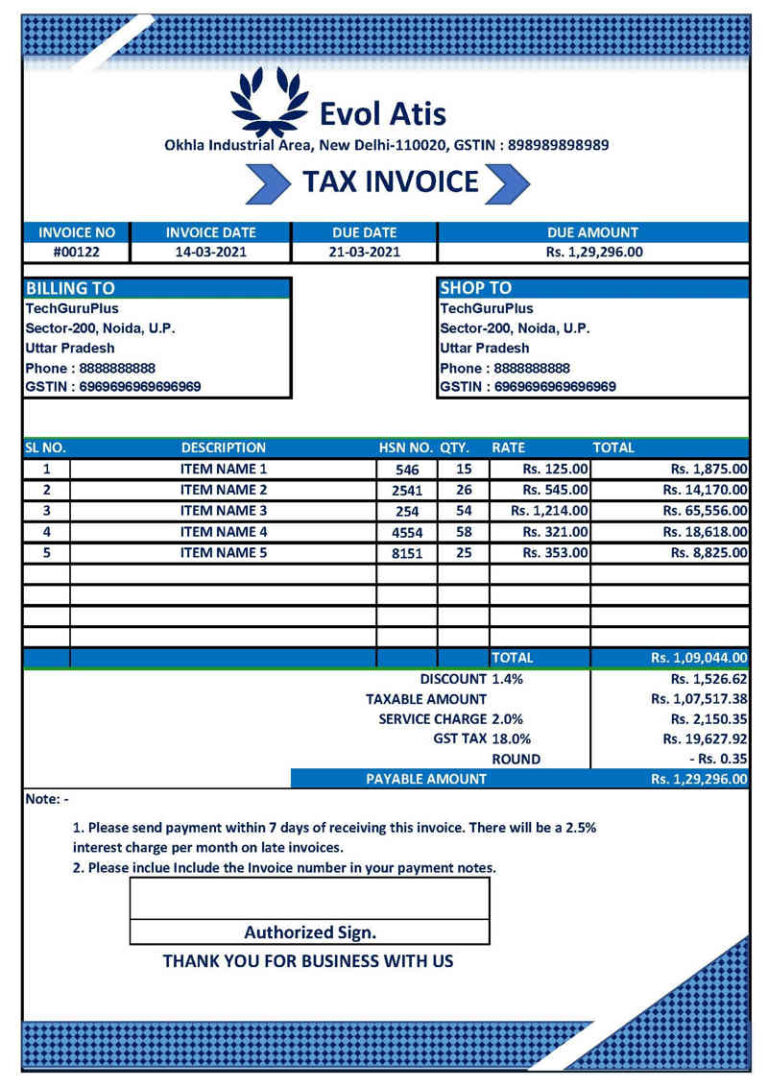 Valuable Template Of Gst Invoice Format In Excel Download Xlsx File