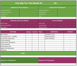 Cash Pay Slip Format | Salary Slip Format In Excel Download Free