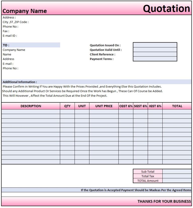 [Excel] Quotation Format in Excel FREE Templates Download (.xls)