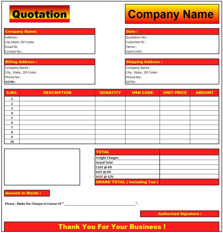Civil Work Quotation Format , Download Quotation Format in Excel