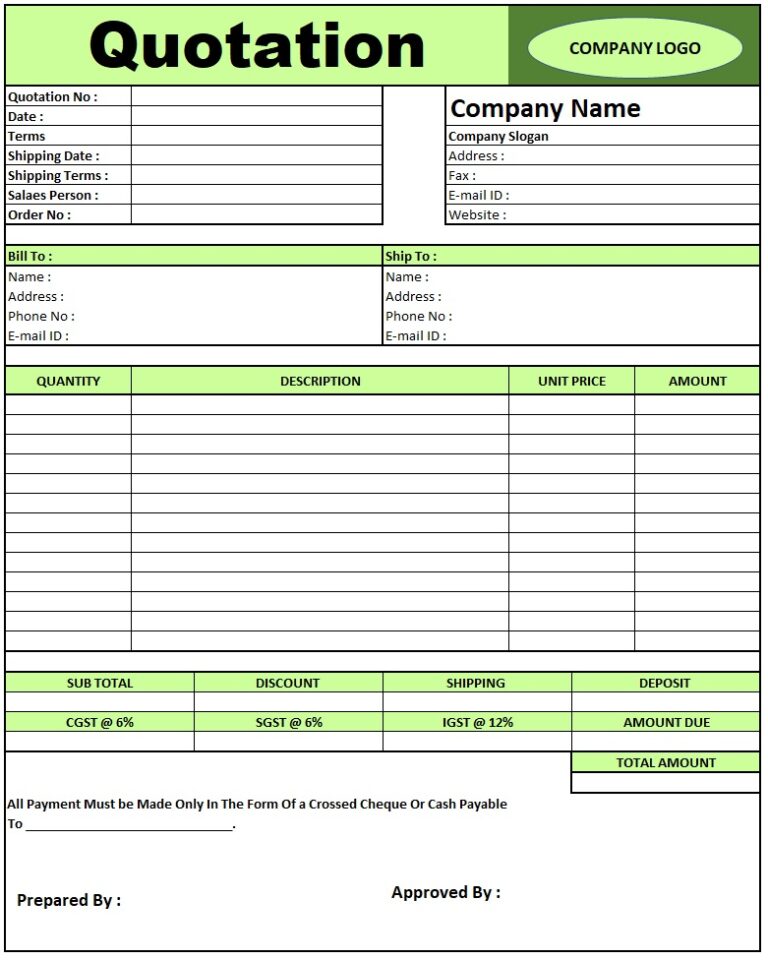 Construction Quotation Format | Download Quotation Format in Excel