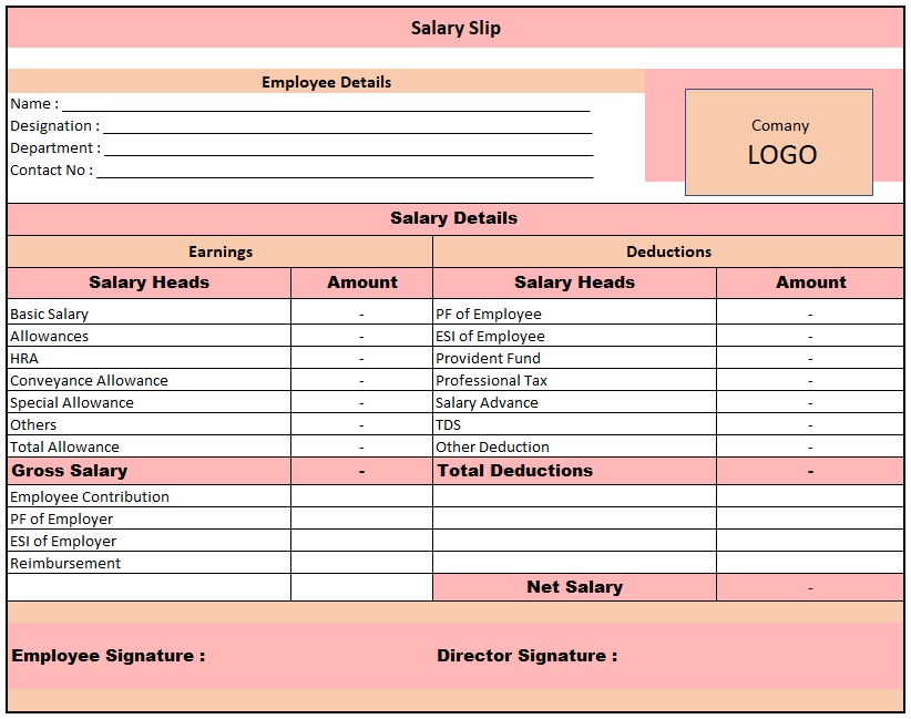 Excel Template For Salary Slip , Salary Slip Format In Excel Download Free