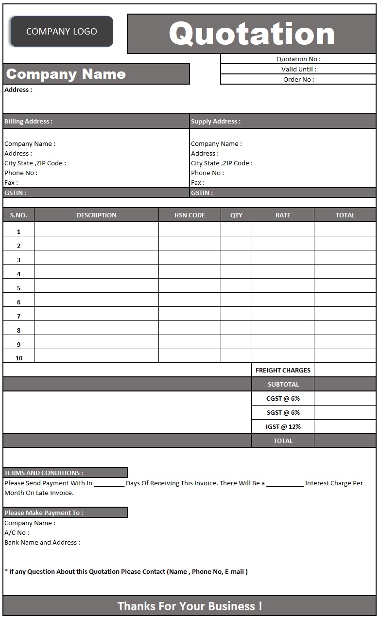 GST Quotation Format In Excel Free Download Download Quotation Format 