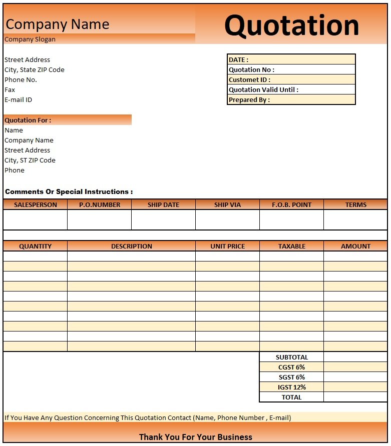 Price Quotation Format , Download Quotation Format in Excel