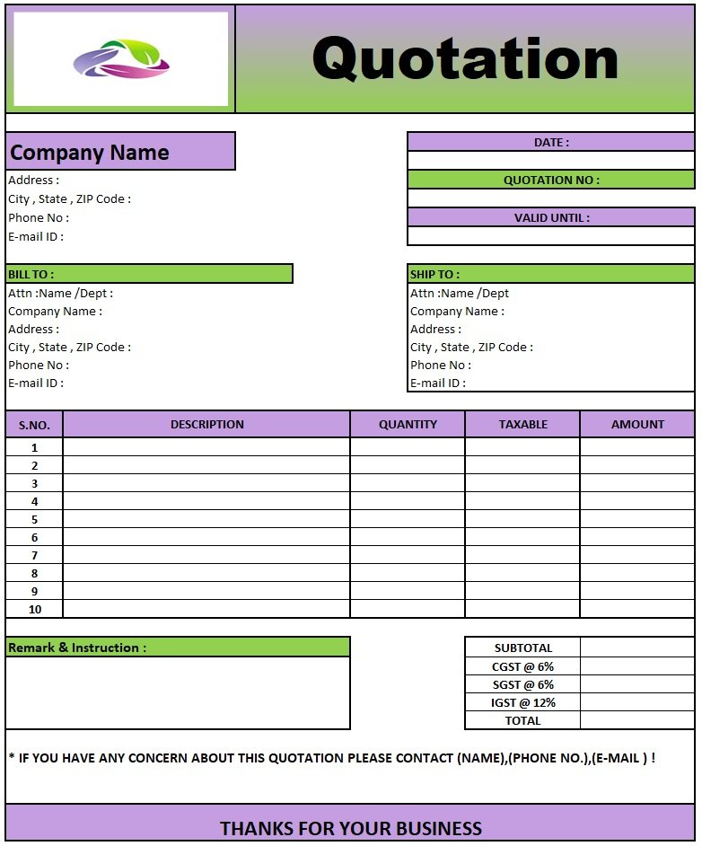 Price Quotation Format In Excel , Download Quotation Format in Excel