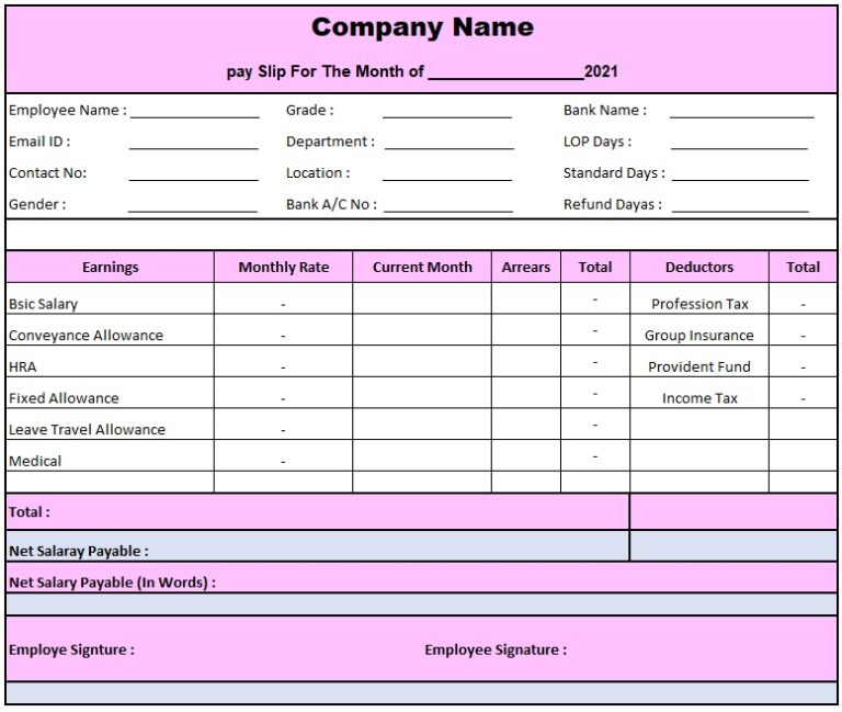 Private Limited Company Salary Slip Format | Pay Slip Format Excel