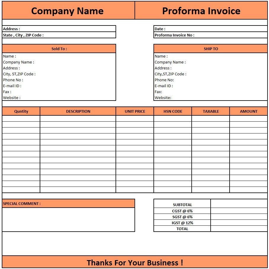 Proforma Invoice Format Word ,Download Proforma Invoice In Excel