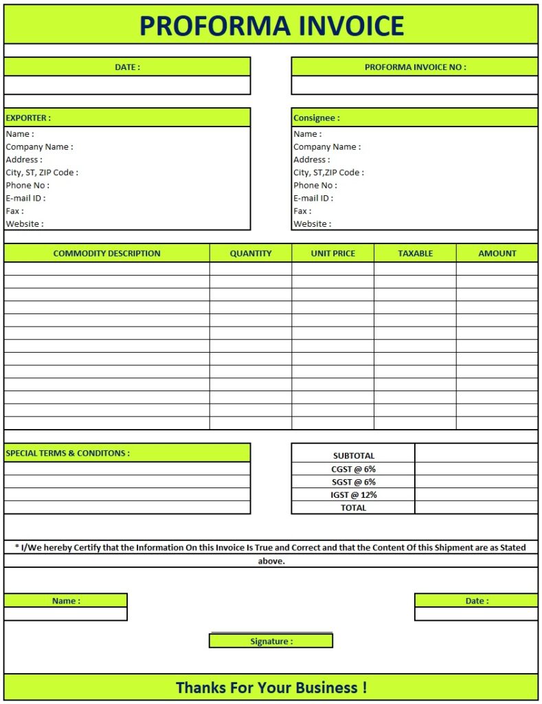 Proforma Invoice Requirements | Download Proforma Invoice In Excel