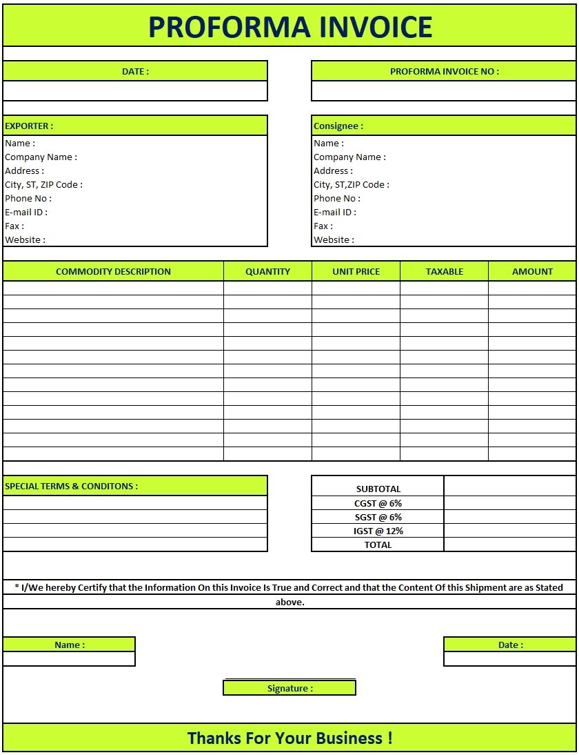 Proforma Invoice Requirements,Download Proforma Invoice In Excel