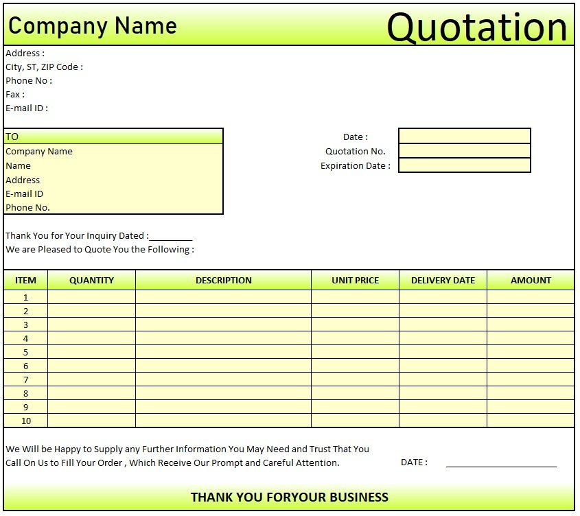 Quotation Format Pdf , Download Quotation Format in Excel