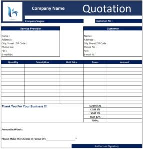 Rate Quotation Format | Download Quotation Format in Excel