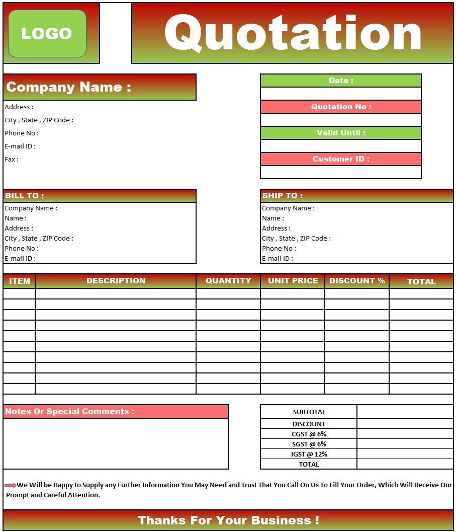 Rate Quotation Format Letter , Download Quotation Format in Excel