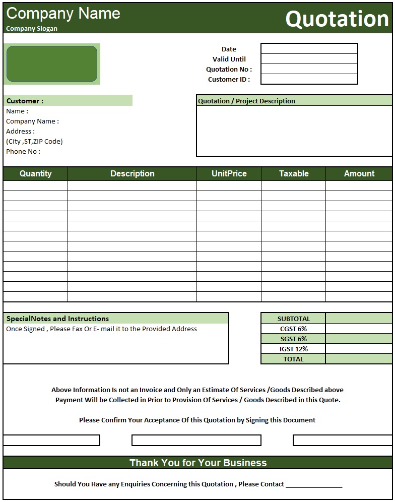 Service Quotation Format , Download Quotation Format in Excel