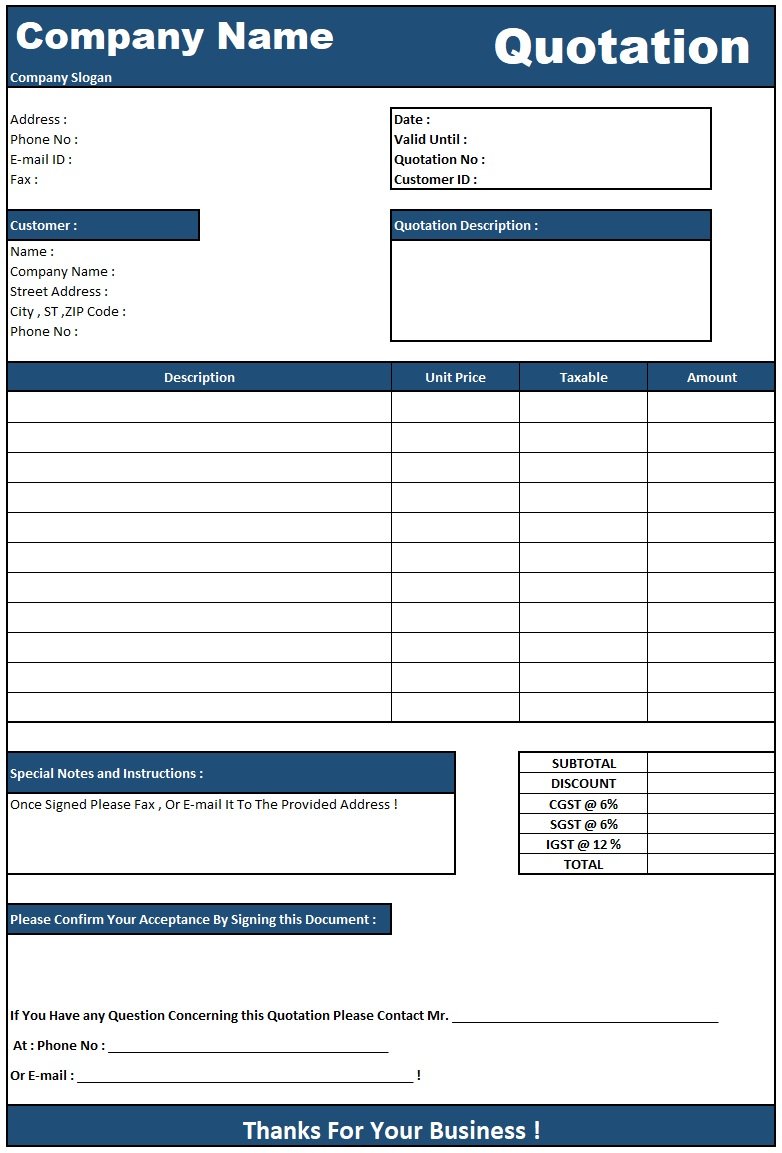 quotation template excel