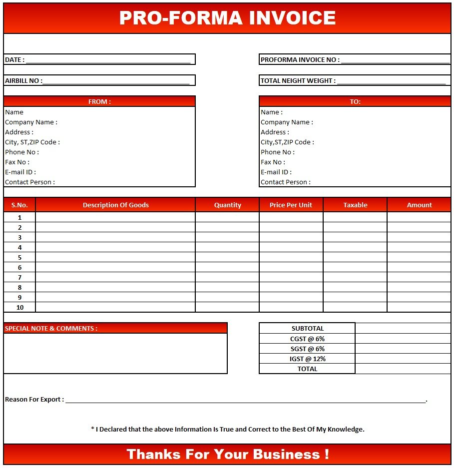 Best Proforma Invoice Format ,Download Proforma Invoice In Excel