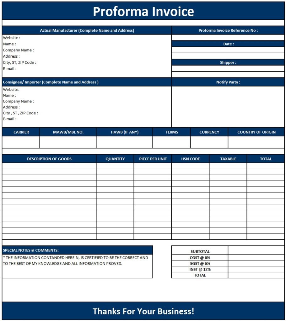 Proforma Sample Excel Proforma Invoice Format in Excel Sheet Free Download .xls