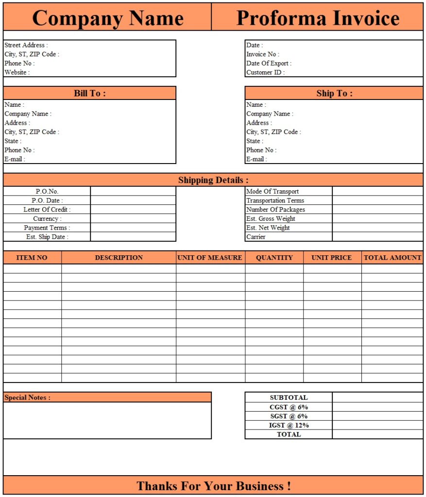 Proforma Invoice In English | Download Proforma Invoice In Excel