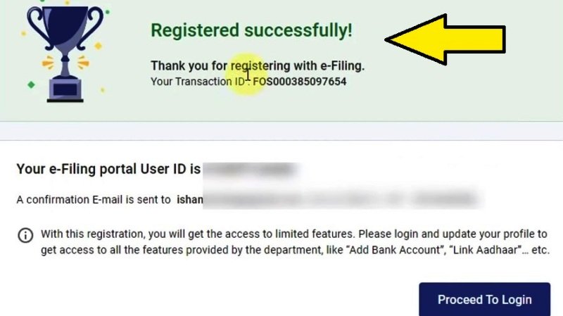 Registration successful msg on income tax website