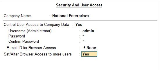Tally Prime Security & User Access enter email set browser access