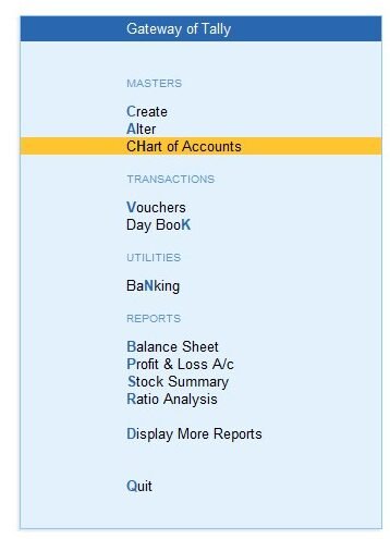 gate way of tally for chart of accounts