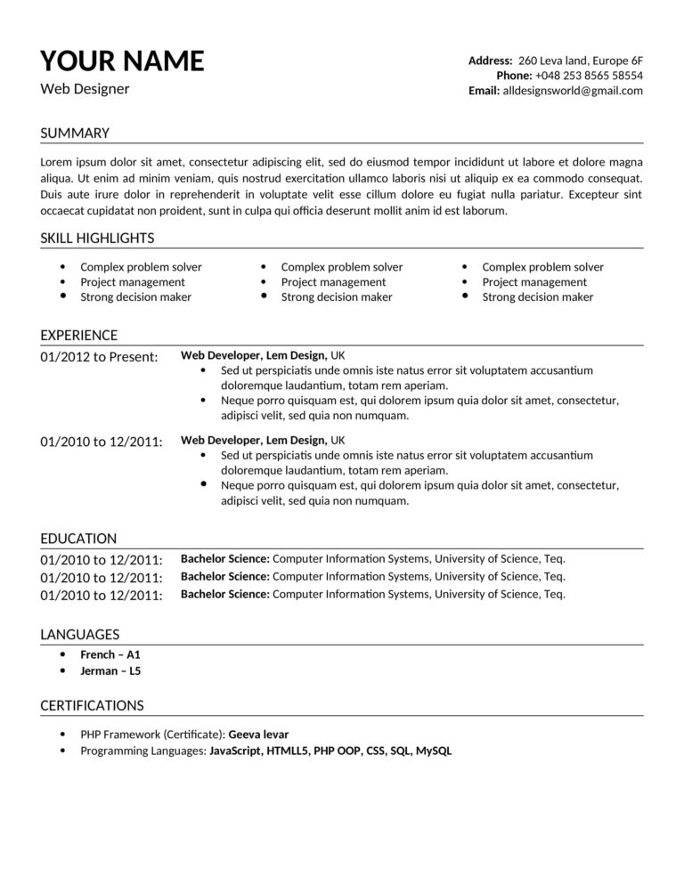 Modern CV Format FREE Download (.doc .pdf)