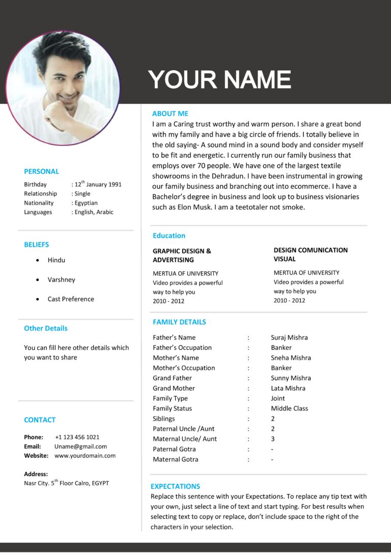 Marriage Biodata Format with Table Layout (Download Word .docx)