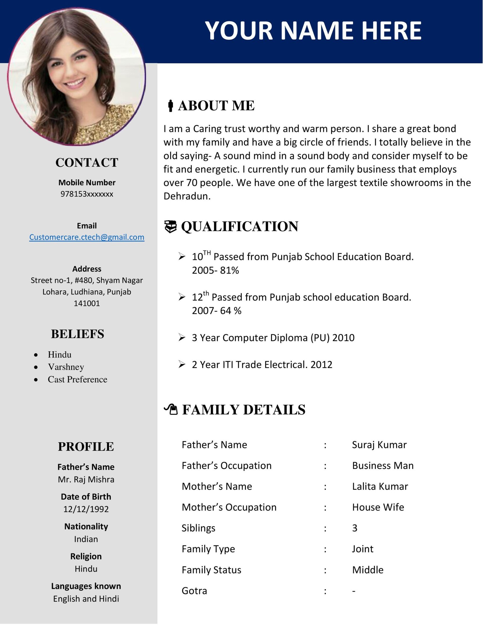 Biodata Format For Marriage JPG Free Download in MSWORD