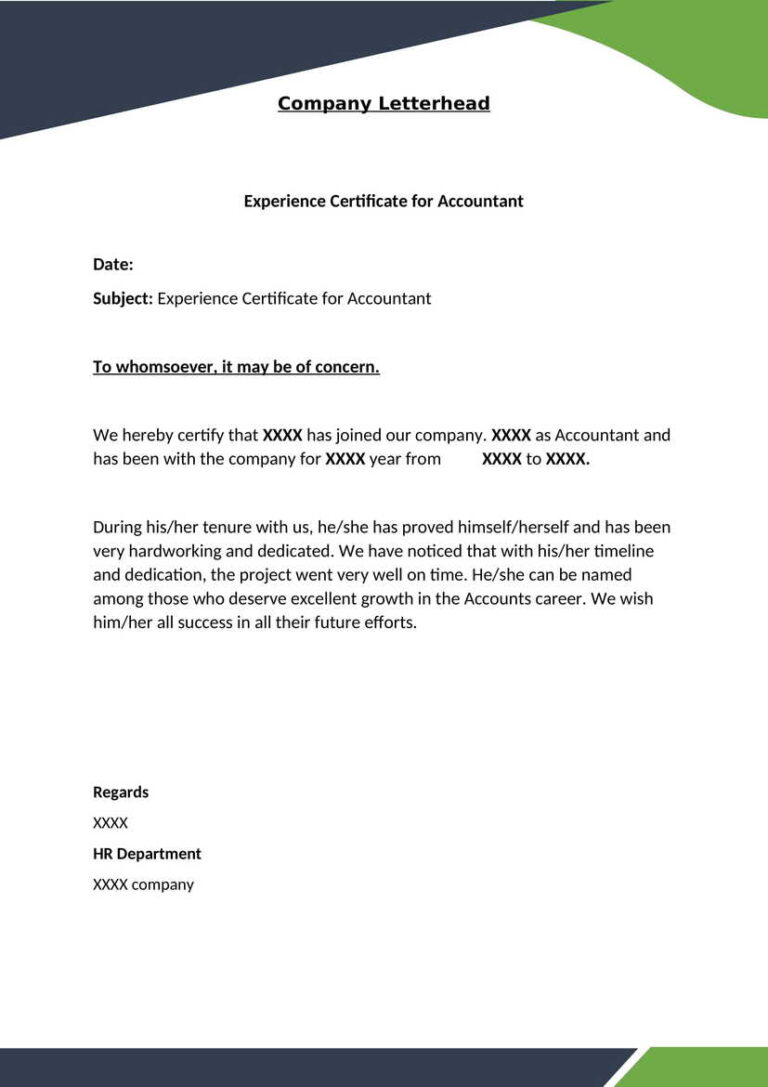 Accountant - Experience Letter   Certificate Template Download In Word 