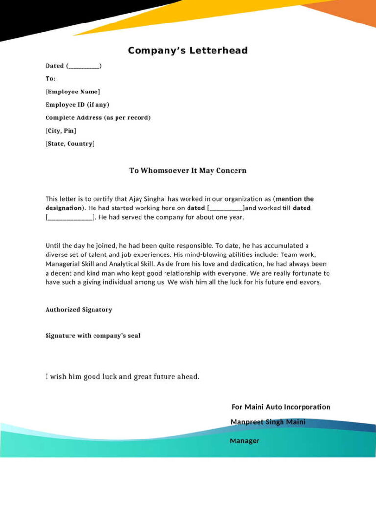 Manager - Experience Letter / Certificate Template Download in Word (.docx)