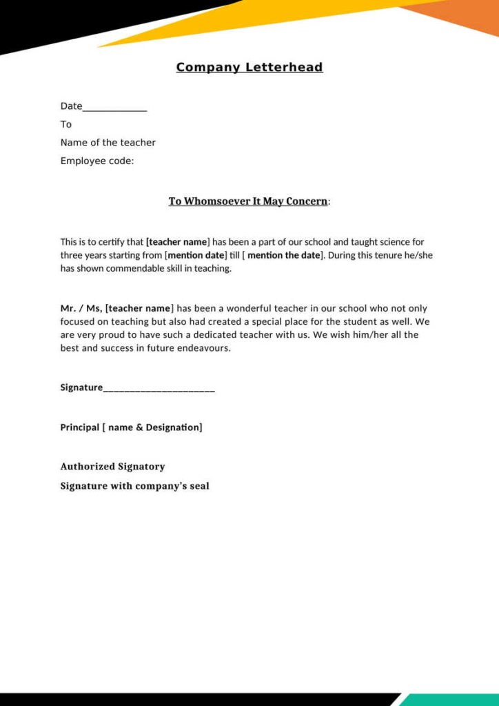 Teacher - Experience Letter / Certificate Template Download in Word (.docx)