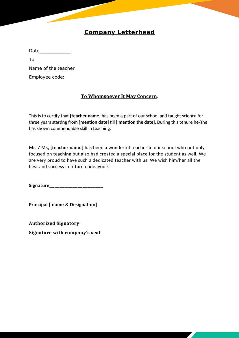 Teacher Experience Letter Certificate Template Download In Word docx 