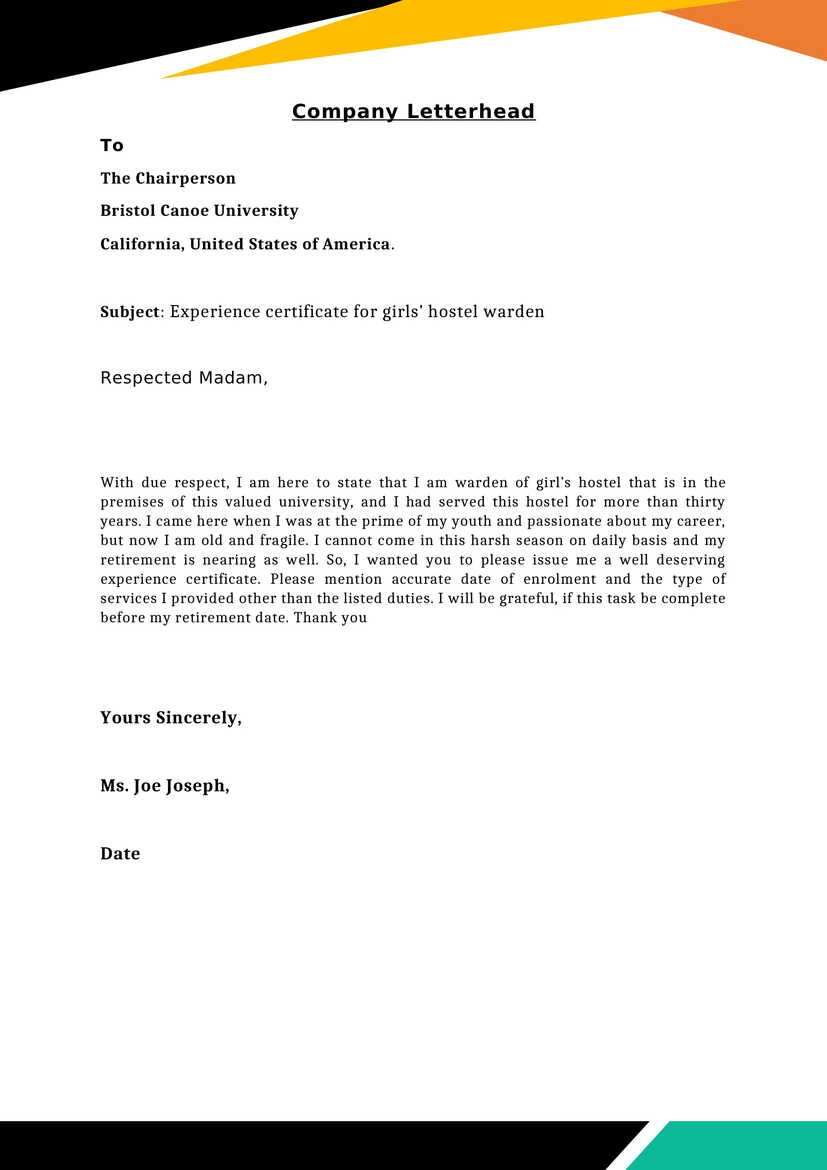 Experience Letter or certificate for girls’ hostel warden
