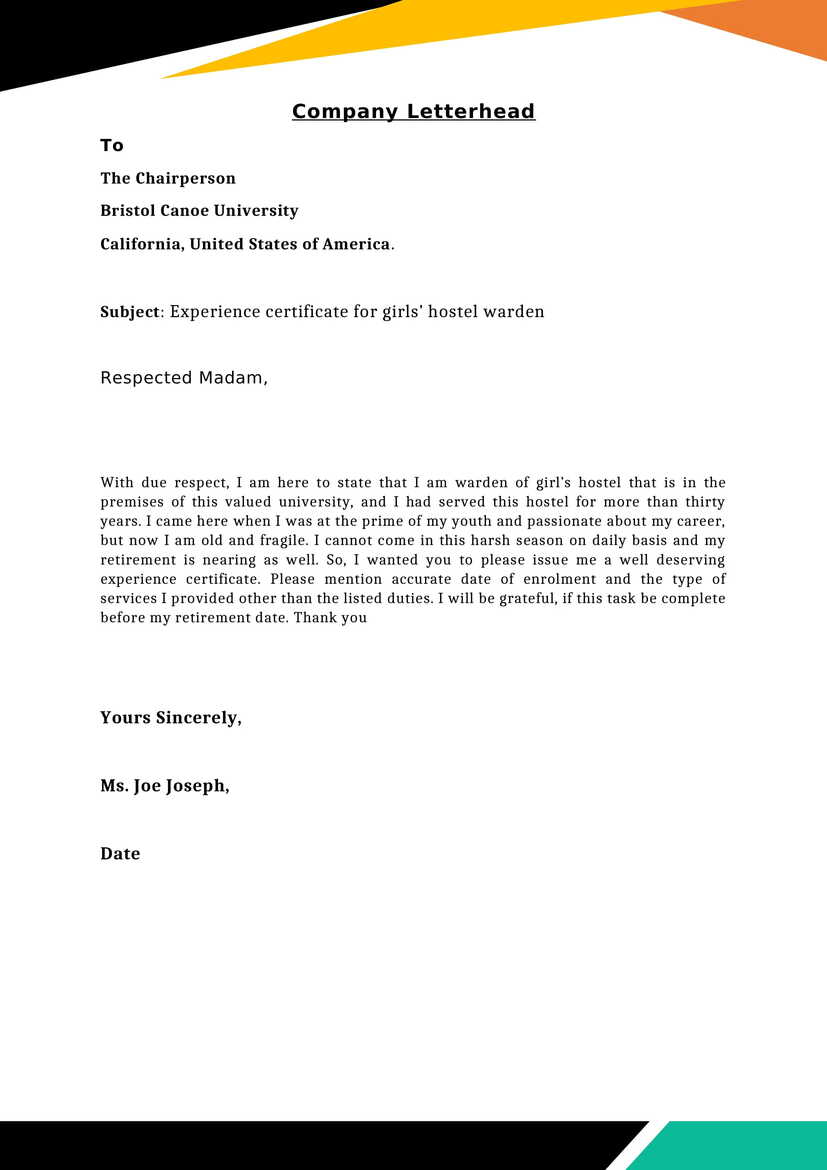 Experience Letter or certificate for girls’ hostel warden