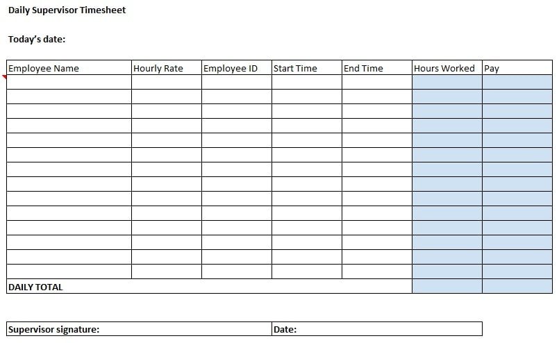 Daily Supervisor Timesheet Template in Excel (Download.xlsx)