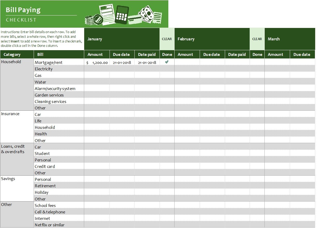 Bill Paying Checklist Template In Excel (Download.xlsx)